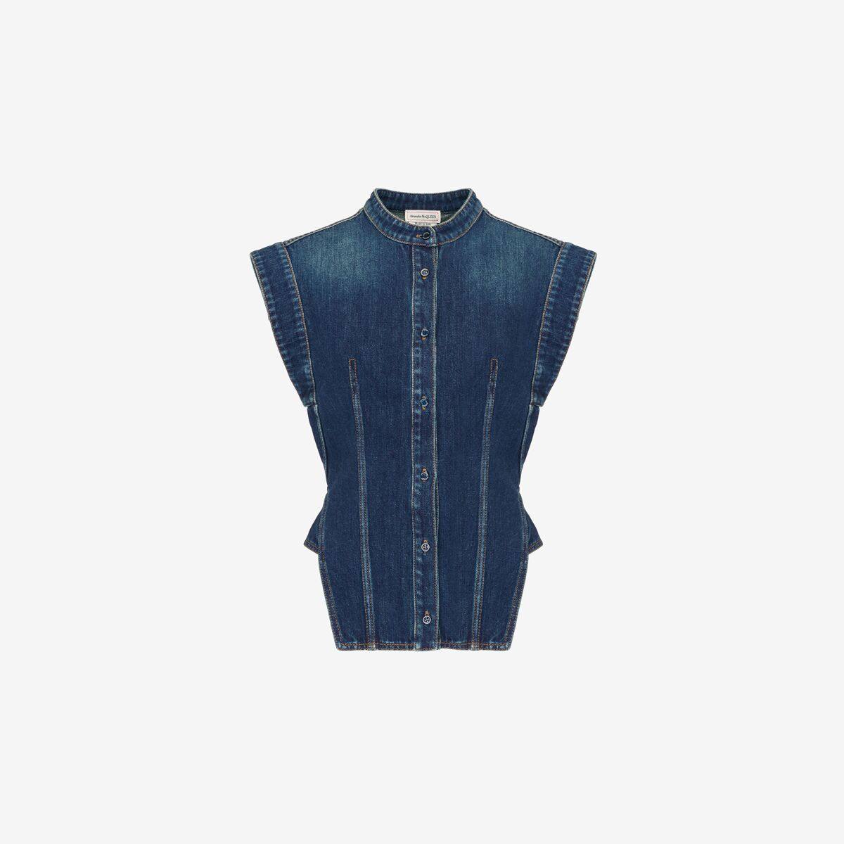 Alexander McQueen Women's Blue Cap Sleeve Denim Shirt - 38 (Cotton)